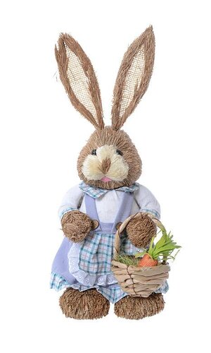 17.5" STRAW FEMALE RABBIT W/ CARROT BASKET BROWN/LAVENDER